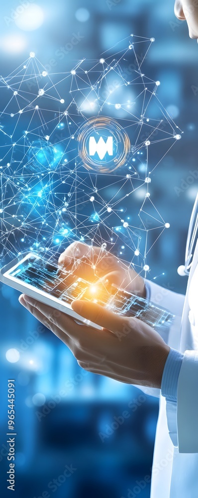 Poster doctor using tablet with network connection.