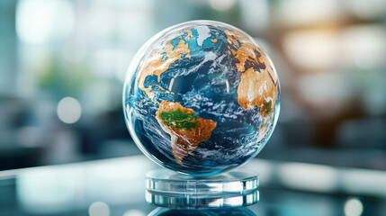 A crystal globe of Earth showcases beautiful swirl of color, highlighting continents and oceans in stunning detail. This captivating piece symbolizes our planets beauty and diversity