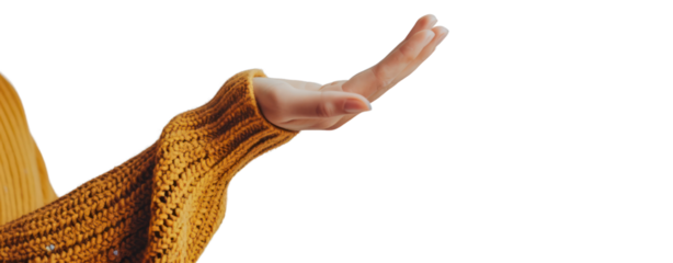 woman with yellow sweater open hand up holding nothing empty Palm transparent background