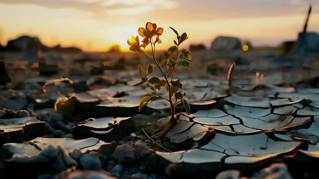 Video recreation of little plant birthing in cracked lands by desertification at sunset