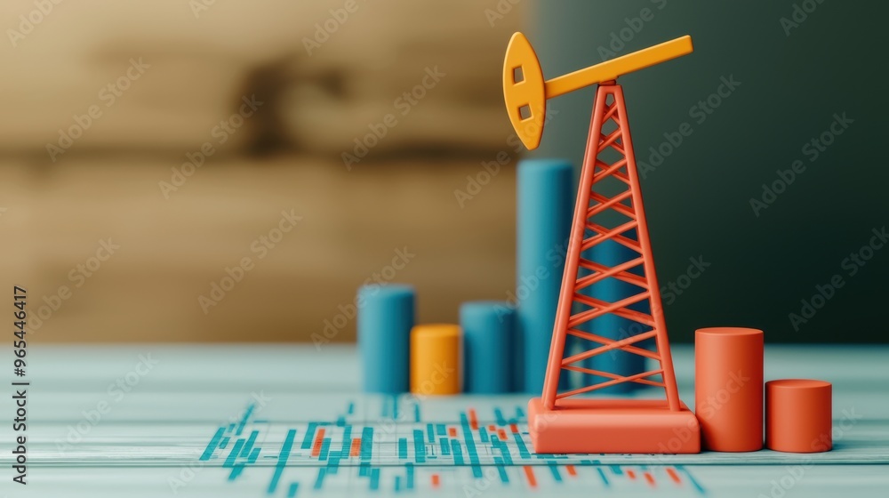 Poster modern technology fusion: oil derrick emerging from data chart in with copy space, selective focus, 