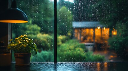 A rain-soaked kitchen window overlooking a farmhouse garden, raindrops sliding down the glass as the greenery outside sparkles under the rain. The soft light inside reflects off the wet window,