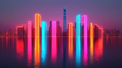 Glowing City: Futuristic Urban Landscape with Neon Lights and Glass Reflections in