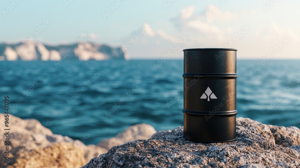 Poster fossil fuel dependency symbolized by oil barrel with copy space and selective focus in quality