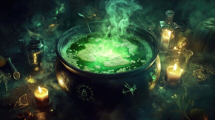 A cauldron filled with green bubbling potion, surrounded by magical symbols and candles on a dark Halloween night