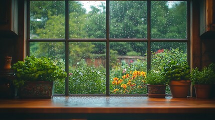 A rainy view of the farmhouse garden through the kitchen window, with raindrops sliding down the glass. The greenery outside sparkles under the rain,