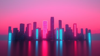 Obraz premium Glowing Futuristic Cityscape - Detailed Architecture with Ray Tracing and Neon Reflections |