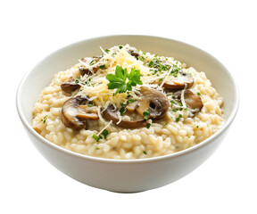 Creamy Mushroom Risotto with Parmesan and Parsley in a White Bowl
