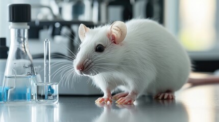 A close-up of a lab rat next to scientific tools and equipment in a research lab, symbolizing animal testing and scientific discovery