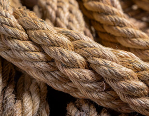 Close-Up of Hemp Rope with Natural Texture and Twisted Fiber