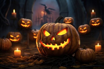 Glowing pumpkins lantern evil ghost halloween spooky candle.