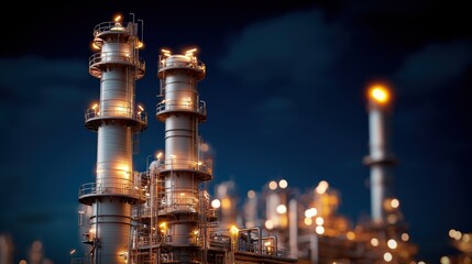 Illuminated Oil Refinery at Night - Energy Production Hub with Copy Space, Selective Focus in