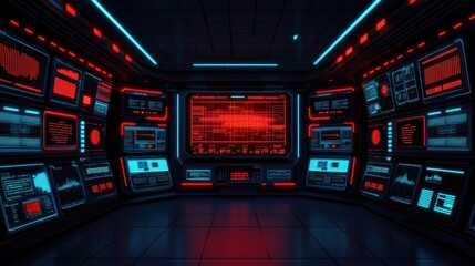 Futuristic Holographic Interface with Model Floating Virtual Screens in High-Tech Raytraced Lighting - Technology Concept