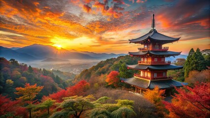 Fototapeta premium A serene pagoda overlooking a vibrant landscape at sunset, surrounded by autumn foliage