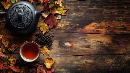 Flat_lay_of_grapes_leaves_on_a_wooden_table.