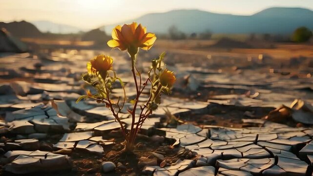 Video recreation of a Dry flower in cracked lands by desertification at sunset	
