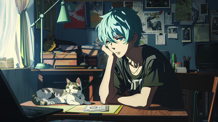 a teenage male anime character is studying in his room