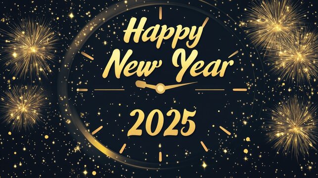 A countdown clock striking midnight with golden fireworks exploding and the text "Happy New Year 2025" in bold script