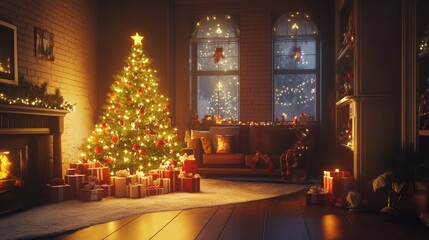 A cozy living room with a glowing Christmas tree and gifts underneath, creating a festive holiday atmosphere