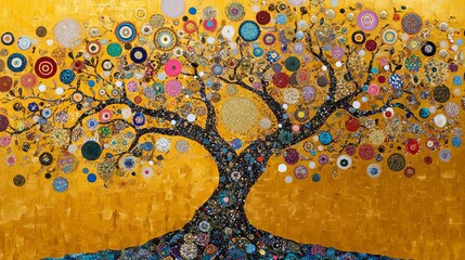 Colorful tree of life artwork with decorative circles on a golden background