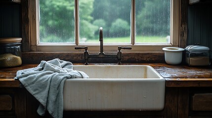 Obraz premium A rustic kitchen sink with damp cloths draped over it, with rain softly falling outside the window. The soft light from the rainy day fills the room,