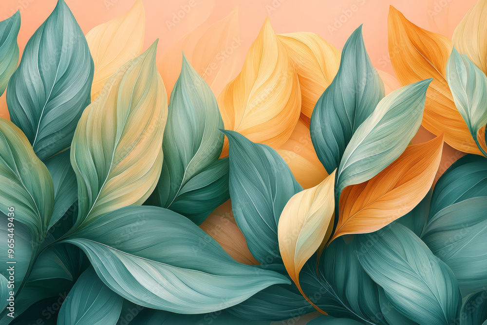 Poster abstract wavy leaves with elongated shapes in pastel green and soft yellow, arranged in a dynamic, f