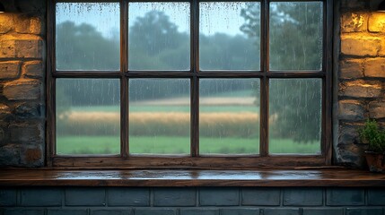 A rustic kitchen window slightly fogged, with rain trickling down, creating patterns on the glass. The outside view is of a rain-drenched countryside, with trees and fields in the distance.