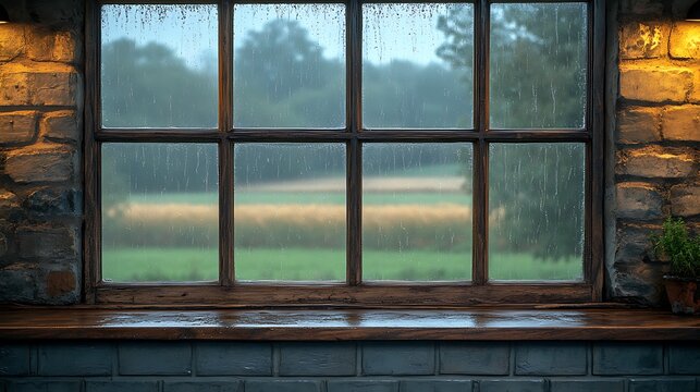 A rustic kitchen window slightly fogged, with rain trickling down, creating patterns on the glass. The outside view is of a rain-drenched countryside, with trees and fields in the distance.