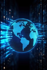 A futuristic globe illuminated in blue, depicting digital connectivity and the flow of information across the world.