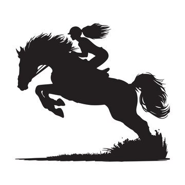 recommend clip art: Equestrian athlete jumping sportive horse over obstacles silhouette on white background
                    