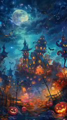 Obraz premium Spooky Halloween Night with Haunted House and Jack-O'-Lanterns