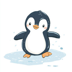 Naklejka premium A curious penguin sliding on ice simple doodle art style