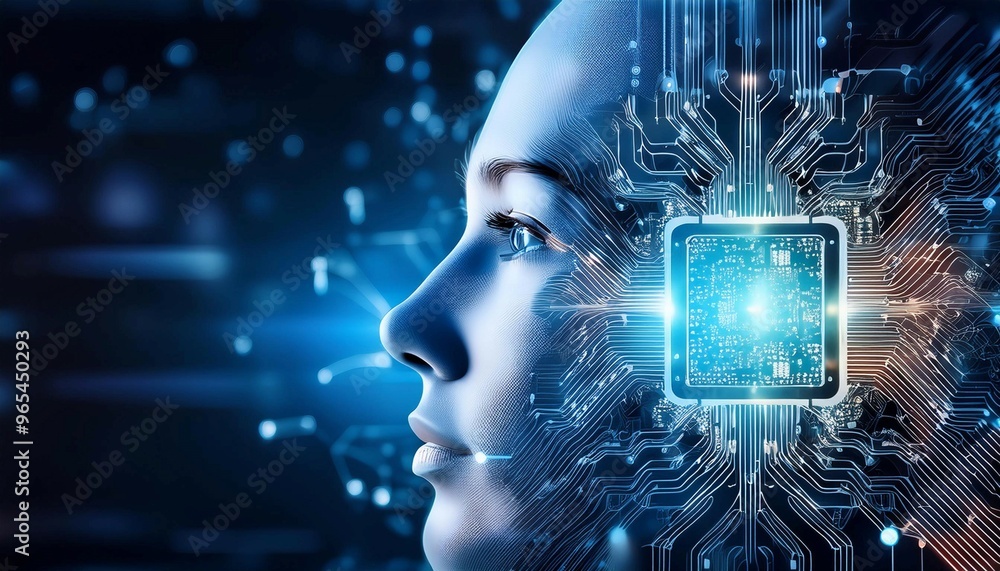 Poster artificial intelligence robot with circuitry, symbolizing technology, innovation, and future.