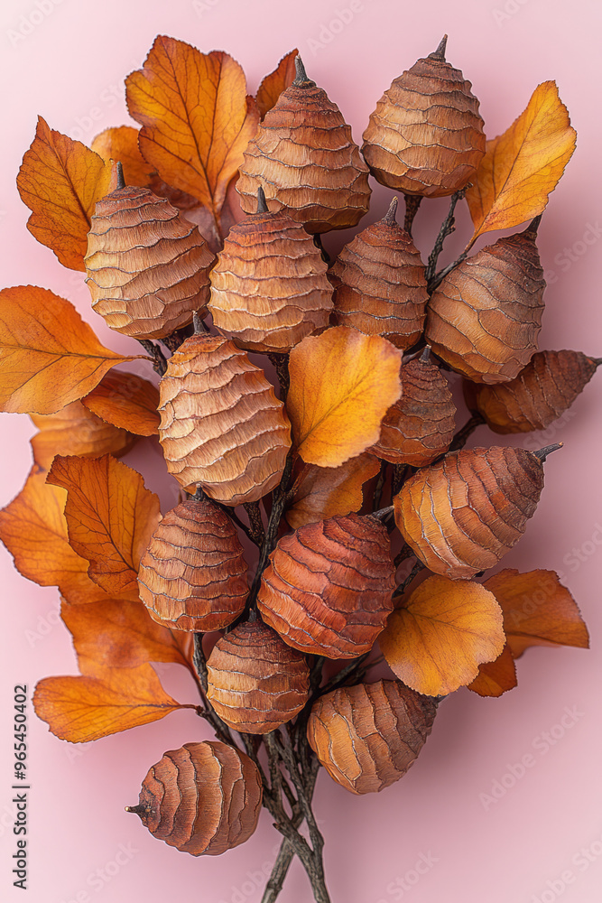 Poster a cluster of geometric acorns with faceted surfaces in muted browns and yellows, arranged in a balan