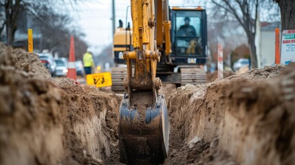 Fototapeta premium Detailed view of an excavator digging a trench, with safety signs and materials in the background, representing safe