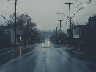 Desolate Urban Street Scene on Rainy Day with Reflections on Wet Pavement, Moody Atmosphere, Cool Gray and Blue Palette, Solitude and Tranquility in City Landscape, Small Shops and Utility Poles