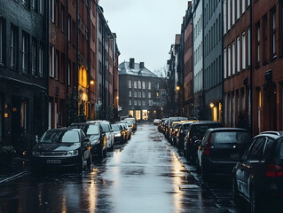 Fototapeta premium Serene Urban Street Scene with Cloudy Sky and Reflective Wet Pavement, Showcasing Parked Cars and Symmetrical Brick Facades - Ideal Visual for City Life, Rainy Days, and Urban Exploration Concepts