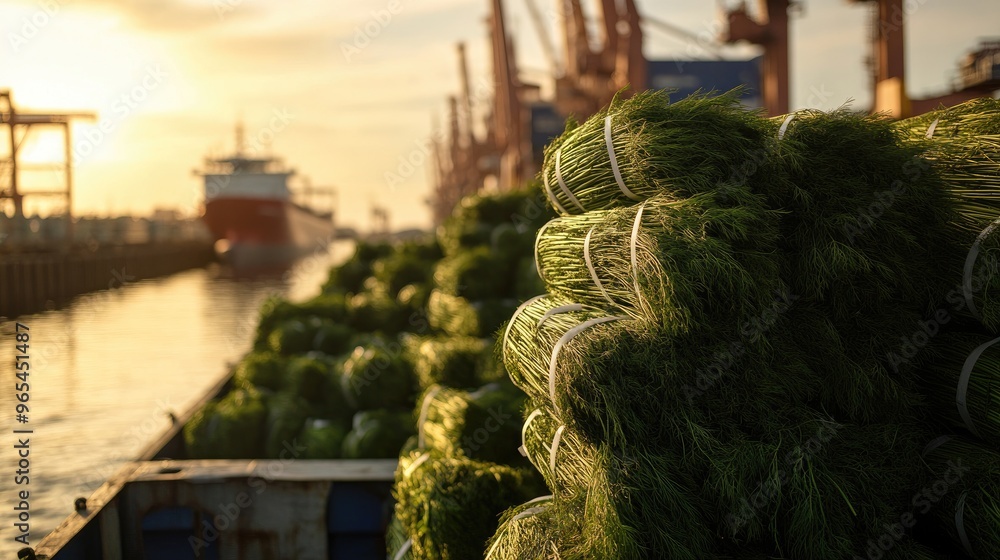 Poster Fresh dill bundles placed near a cargo ship, poised for international export, representing global herb trade logistics.