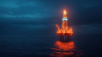 Obraz premium Futuristic Oil Rig with Glowing Holographic Energy Data in Dark Ocean -