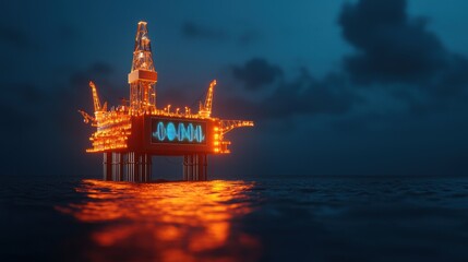 Obraz premium Futuristic Oil Rig with Glowing Holographic Energy Data in Dark Ocean -