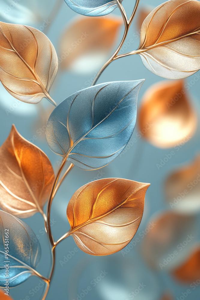 Poster a series of 3d floating leaves with metallic reflections in shades of gold and bronze, gently cascad
