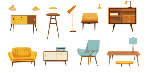 Set of trendy sofas, armchairs, with cushions in retro mid-century style. Modern soft furniture collection