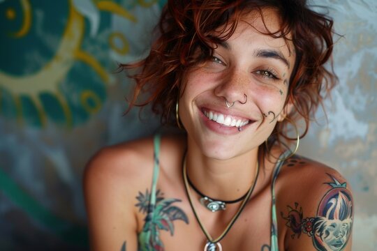 A joyful woman with multiple tattoos and facial piercings smiles brightly, showcasing individuality and artistic expression, with a colorful, abstract background.
