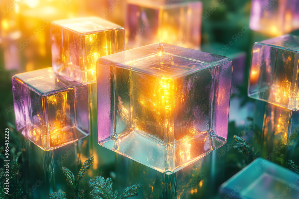 Aufkleber a cluster of 3d geometric cubes with faceted surfaces, each casting complex shadows with neon light 