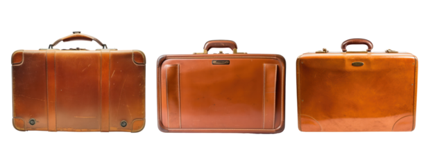 set of three side view brown suit case leather bag isolate on transparent background