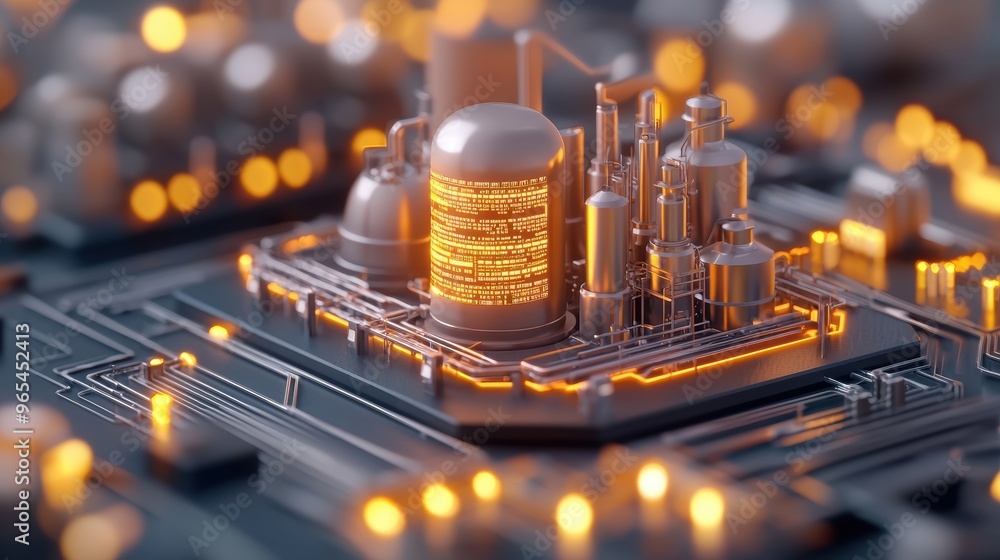 Poster futuristic oil refinery with holographic data visualization | with copy space and selective focus