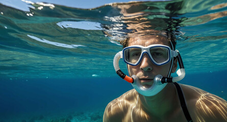 Fototapeta premium Calm White male snorkeling in clear blue ocean background