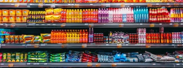 Fototapeta premium Supermarket shelves filled with colorful packaged beverages and snacks