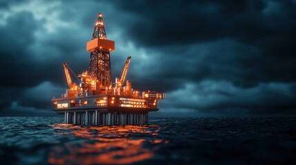 Obraz premium Futuristic Holographic Oil Rig Energy Production Data Interface in Dark Ocean