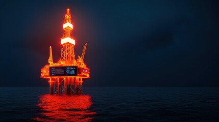 Fototapeta premium Futuristic Holographic Oil Rig Data Interface in Dark Ocean - with Copy Space and Selective Focus